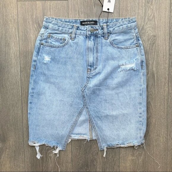 Free people Neon Blonde Strutt Denim Mini Skirt Distressed High Waist Light wash - Picture 7 of 16